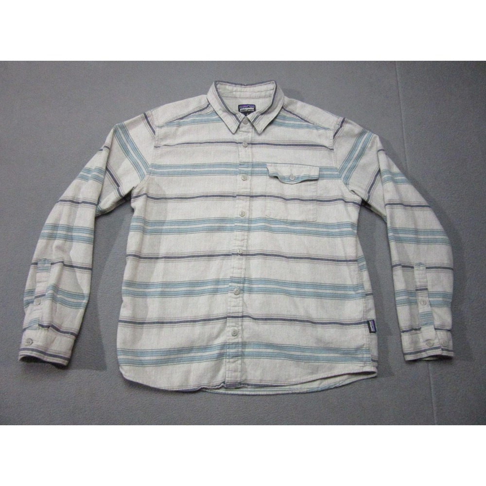 Patagonia Shirt Mens Medium Gray Blue Striped Organic Button Up Long Sleeve